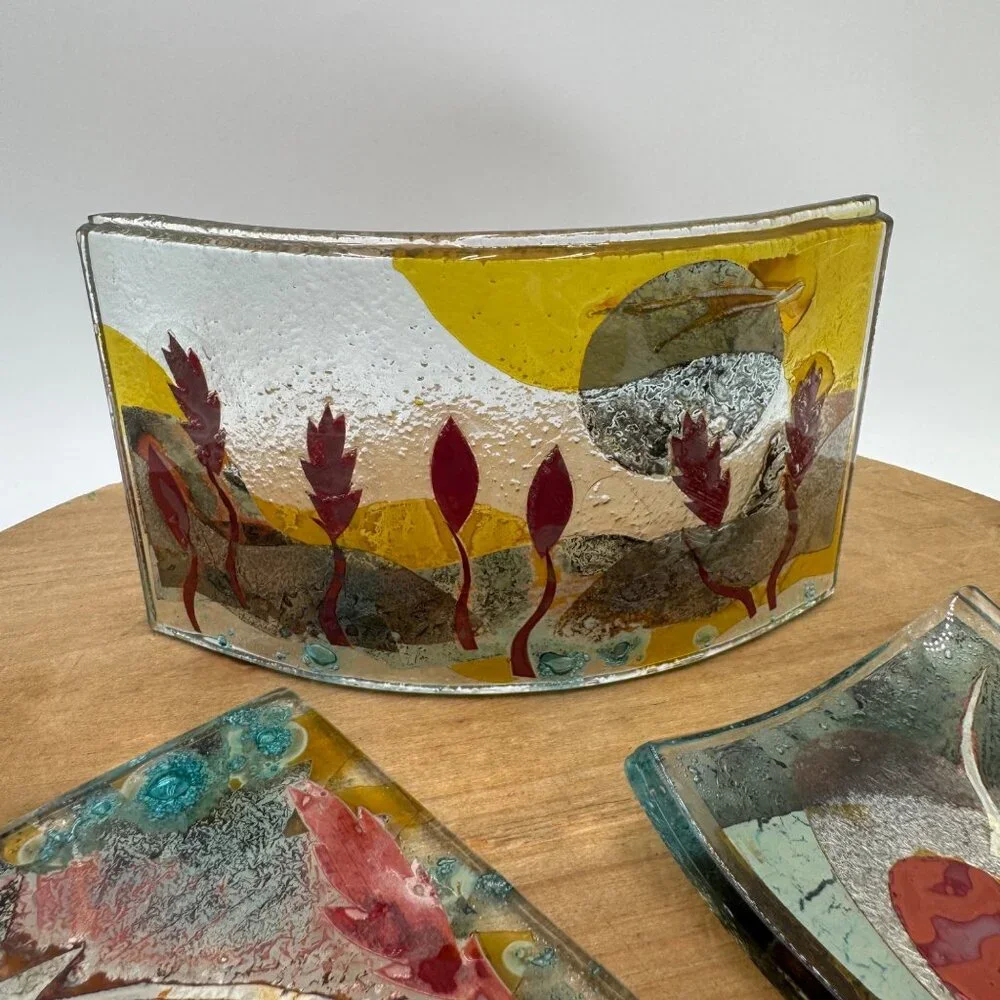 Fused Glass Trinket Dish Studio art glass 3 piece set multi color